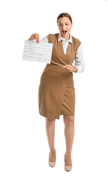 Portrait Singing Female Teacher Music Sheet White Background — Stock Photo, Image