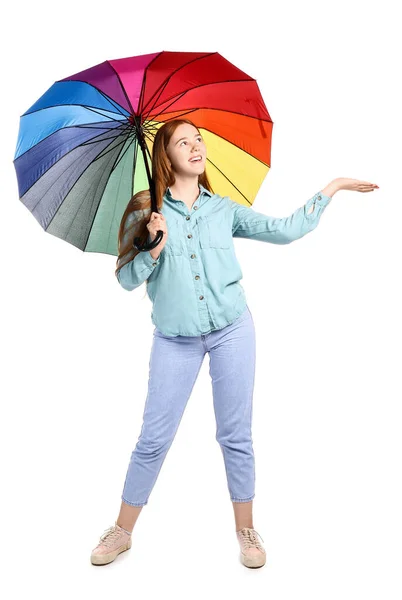 Young Woman Umbrella White Background — Stock Photo, Image