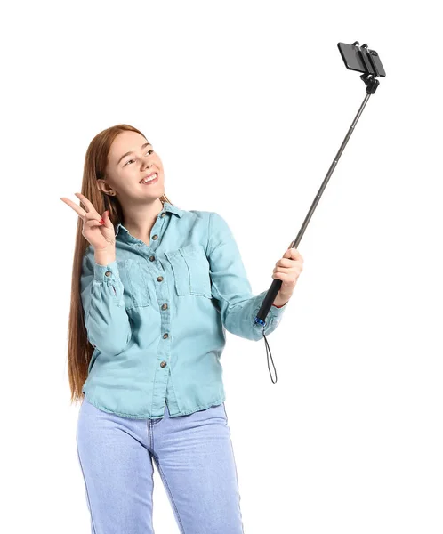 Mladá Žena Selfie Bílém Pozadí — Stock fotografie