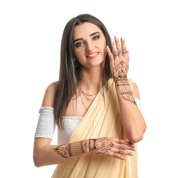 Hermosa Mujer India Con Tatuaje Henna Sobre Fondo Blanco — Foto de Stock