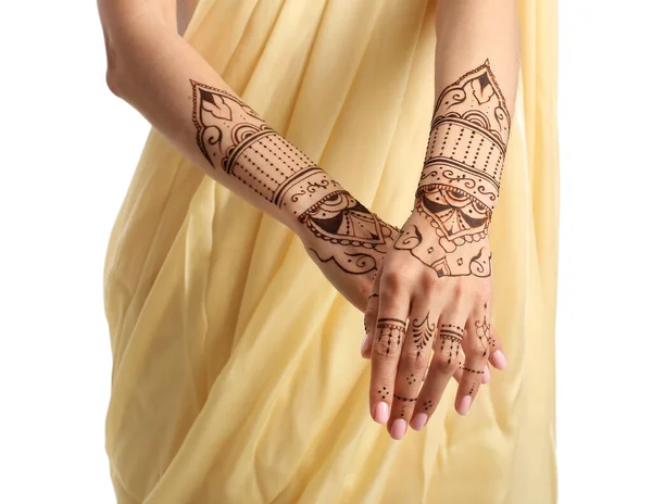 Mulher Indiana Bonita Com Tatuagem Henna Fundo Branco — Fotografia de Stock