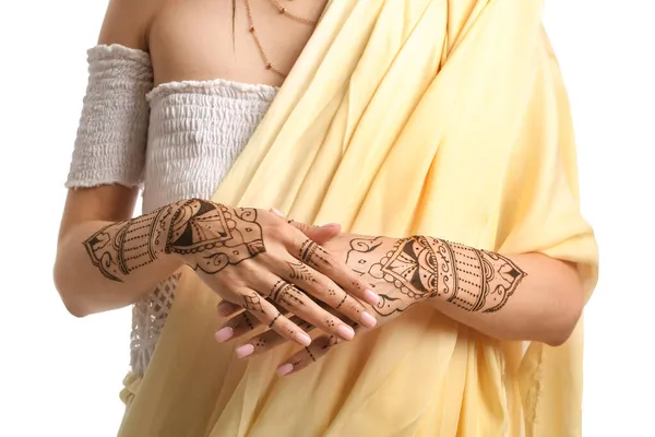 Gyönyörű Indiai Henna Tetoválás Fehér Háttér — Stock Fotó