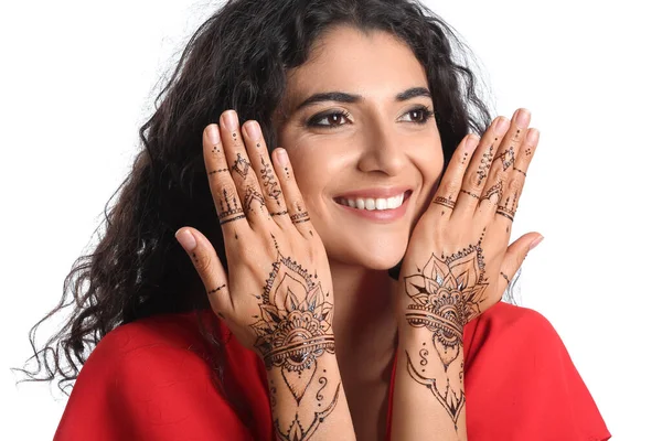 Beautiful Indian Woman Henna Tattoo White Background — Stock Photo, Image