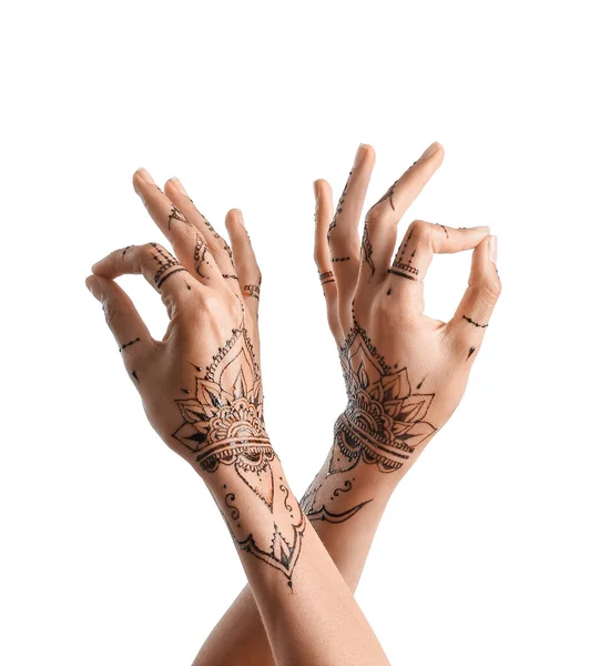 Mãos Femininas Com Tatuagem Henna Fundo Branco — Fotografia de Stock