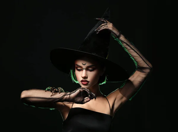 Молодая Ведьма Пауком Темном Фоне — стоковое фото