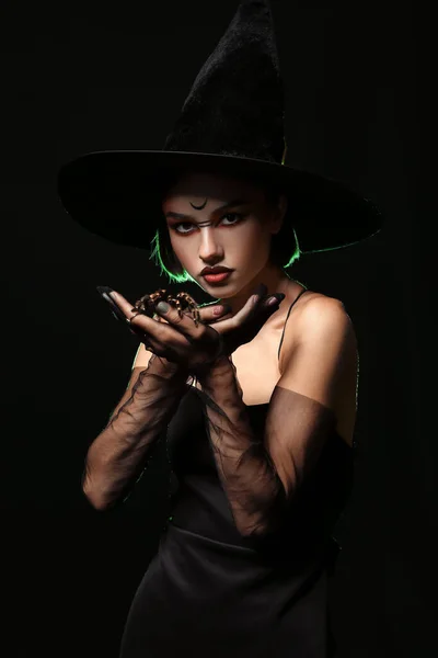 Молодая Ведьма Пауком Темном Фоне — стоковое фото