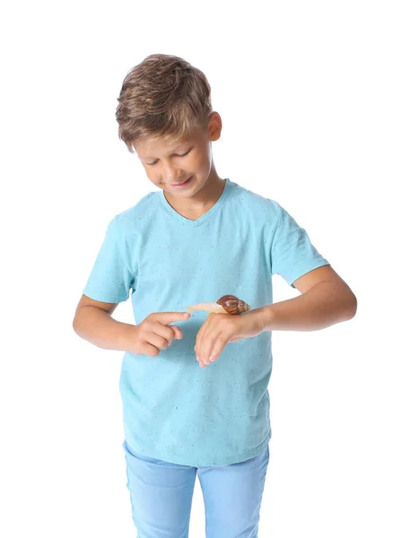 Niño Con Caracol Achatina Sobre Fondo Blanco — Foto de Stock