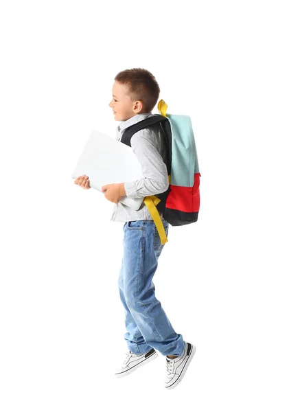 Jumping Little Schoolboy White Background — Stock Photo, Image