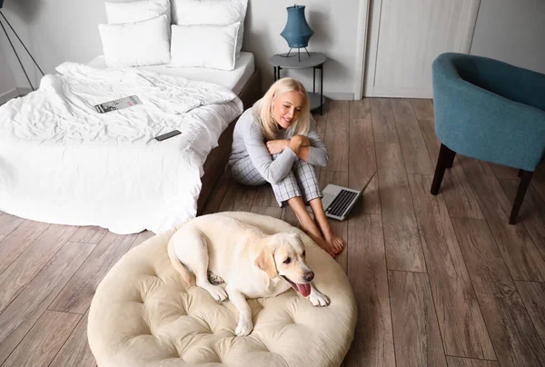 Mature Woman Cute Labrador Dog Bedroom — Stock Photo, Image