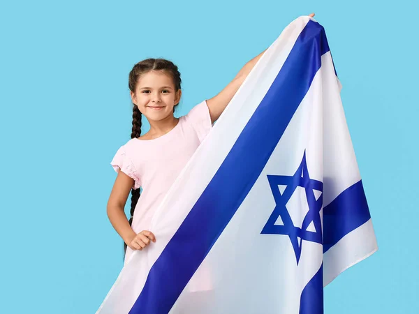 Petite Fille Avec Drapeau Israël Sur Fond Couleur — Photo
