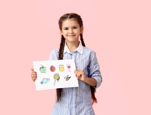 Little Girl Holding Paper Drawings Rosh Hashanah Jewish New Year — Stock Photo, Image