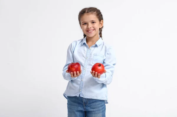 Little Girl Fruits White Background — Stock Photo, Image