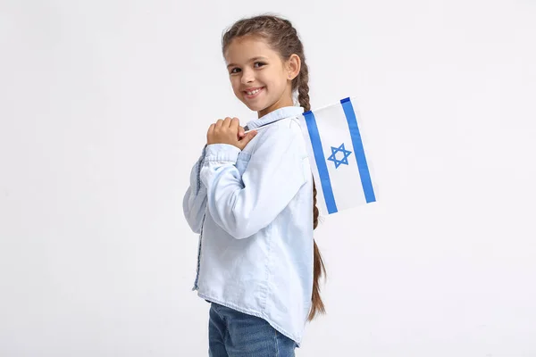 Klein Meisje Met Vlag Van Israël Witte Achtergrond — Stockfoto