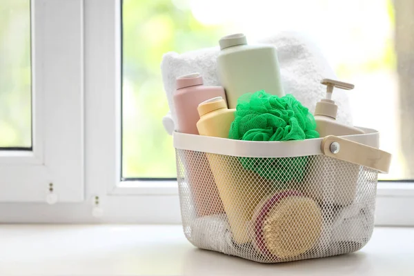 Basket Bath Supplies Windowsill — Stock Photo, Image