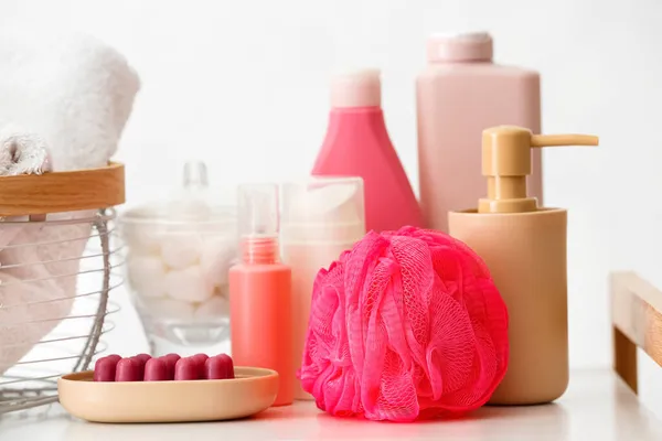 Different Bath Supplies Sponge Light Background Closeup — Stock Photo, Image