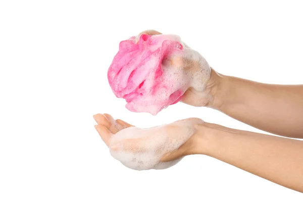 Woman Holding Pink Bath Sponge Foam White Background Closeup — Stock Photo, Image