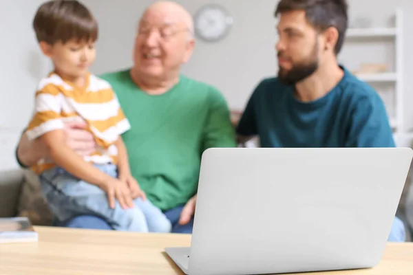 Happy Man His Little Son Father Video Chatting Home — Stock Photo, Image