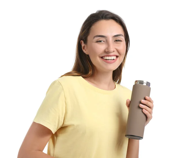 Young Woman Thermos White Background — Stock Photo, Image