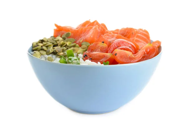 Bowl Tasty Rice Salmon Tomato Pumpkin Seeds White Background — Stock Photo, Image