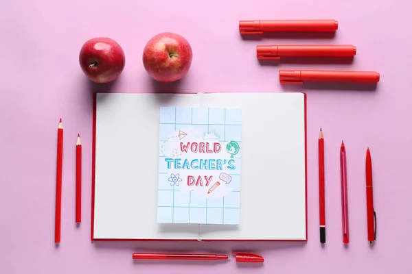 World Teacher\'s Day. Greeting card, school supplies on lilac background, top view