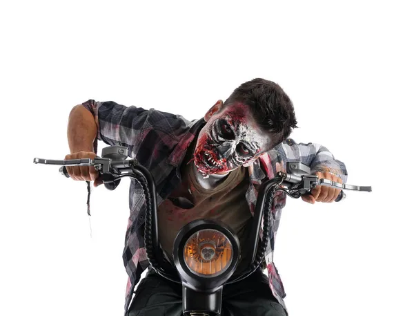 Mann Halloween Als Zombie Mit Motorrad Auf Weißem Hintergrund Verkleidet — Stockfoto