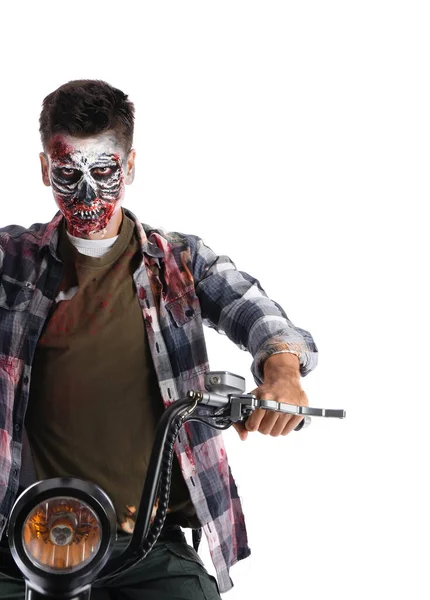 Muž Oblečený Halloween Jako Zombie Motocyklem Bílém Pozadí — Stock fotografie