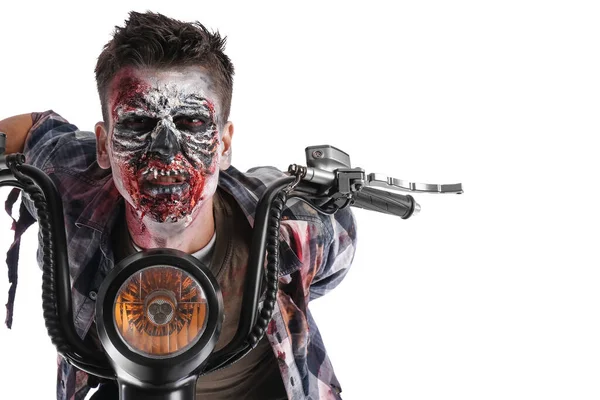 Mann Halloween Als Zombie Mit Motorrad Auf Weißem Hintergrund Verkleidet — Stockfoto