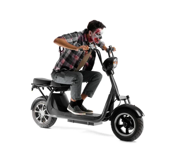 Muž Oblečený Halloween Jako Zombie Motocyklem Bílém Pozadí — Stock fotografie
