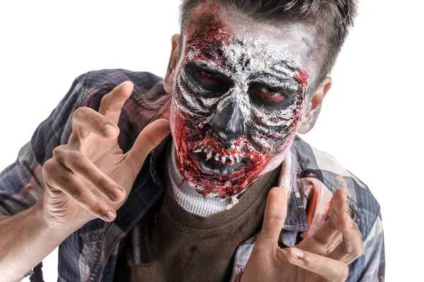 Děsivý Zombie Muž Bílém Pozadí — Stock fotografie