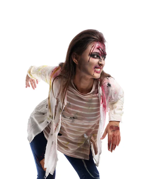 Unheimlich Zombie Frau Auf Weißem Hintergrund — Stockfoto