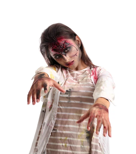 Unheimlich Zombie Frau Auf Weißem Hintergrund — Stockfoto