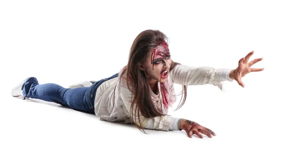 Děsivý Zombie Žena Bílém Pozadí — Stock fotografie