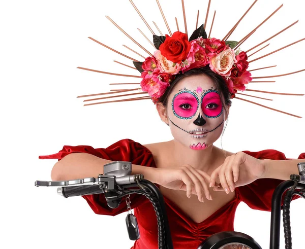 Young Woman Painted Skull Her Face Motorcycle White Background Halloween — Stock Photo, Image