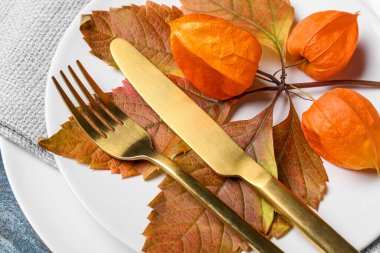 Çatal bıçak, filsalis ve sonbahar yapraklı Şükran Günü sofrası, yakın plan.