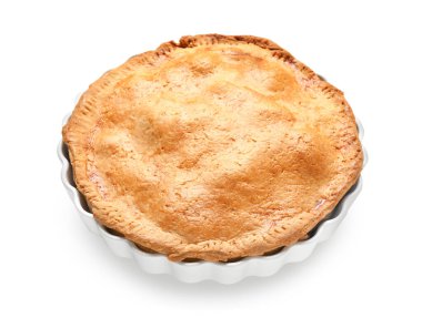 Beyaz arka planda lezzetli tavuklu turta.