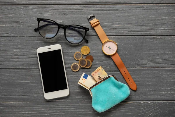 Wallet Money Mobile Phone Eyeglasses Wristwatch Dark Wooden Background — Stock Photo, Image