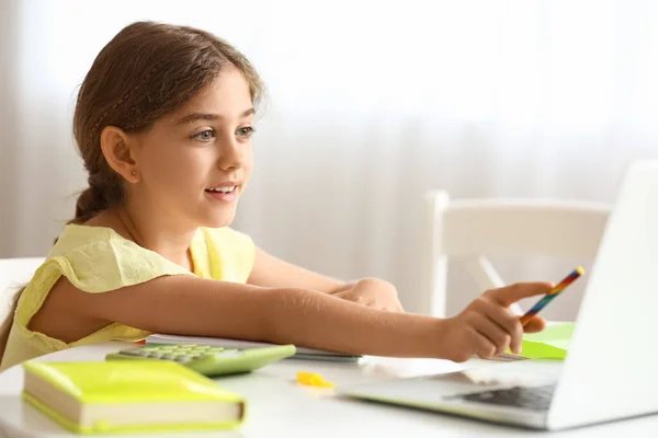 Little Girl Doing Lessons Online Home — Stock Photo, Image