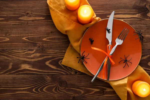 Halloween Table Setting Spiders Dark Wooden Background — Stock Photo, Image