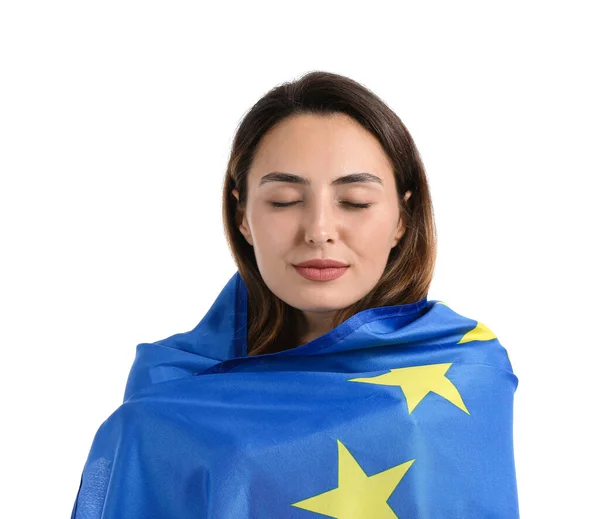 Ung Kvinna Med Europeiska Unionens Flagga Vit Bakgrund — Stockfoto