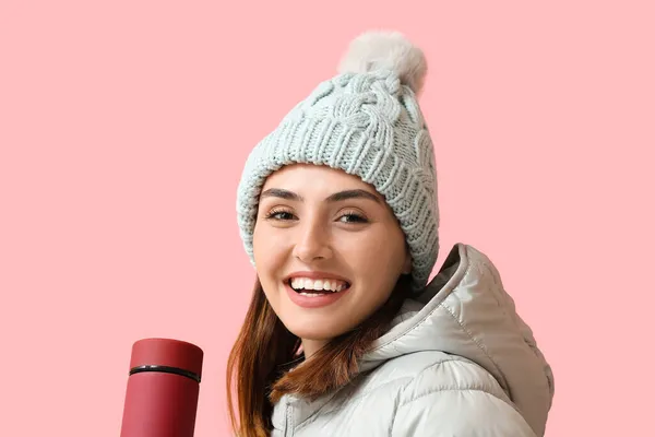 Young Woman Warm Clothes Thermos Color Background — Stock Photo, Image