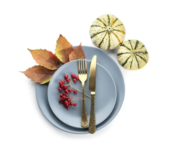 Thanksgiving Table Setting Autumn Leaves Rowan Pumpkins White Background — Stock Photo, Image