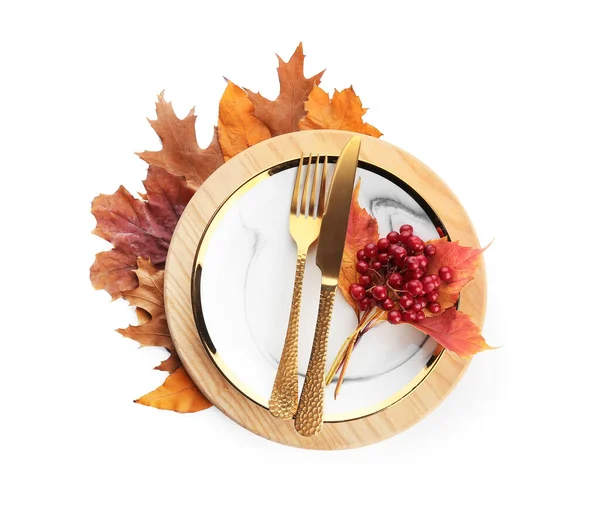 Thanksgiving Table Setting Cutlery Rowan Autumn Leaves White Background — Stock Photo, Image