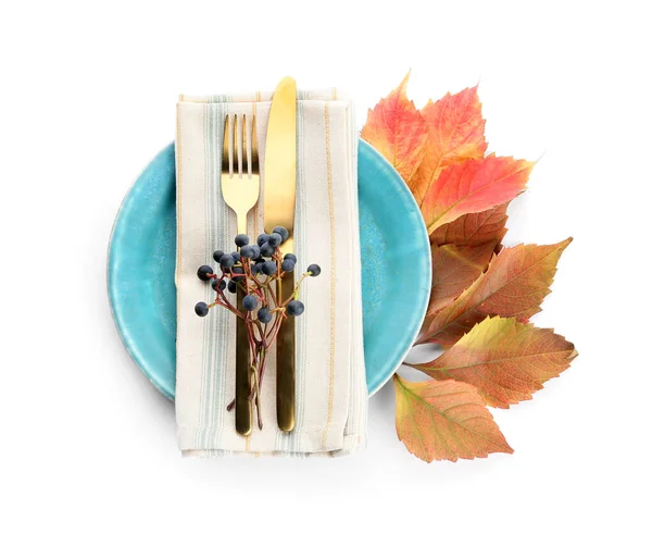 Thanksgiving Table Setting Elderberries Napkin Cutlery Autumn Leaves White Background — Stock Photo, Image