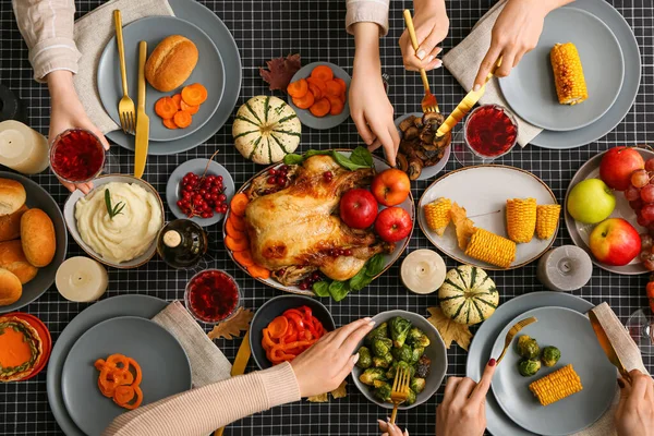 People Eating Different Delicious Food Festive Thanksgiving Table — Stock Photo, Image