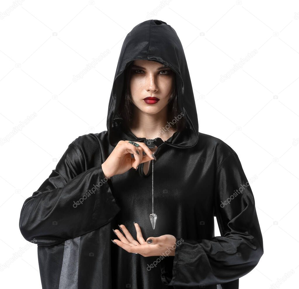 Beautiful woman dressed as witch for Halloween party on white background