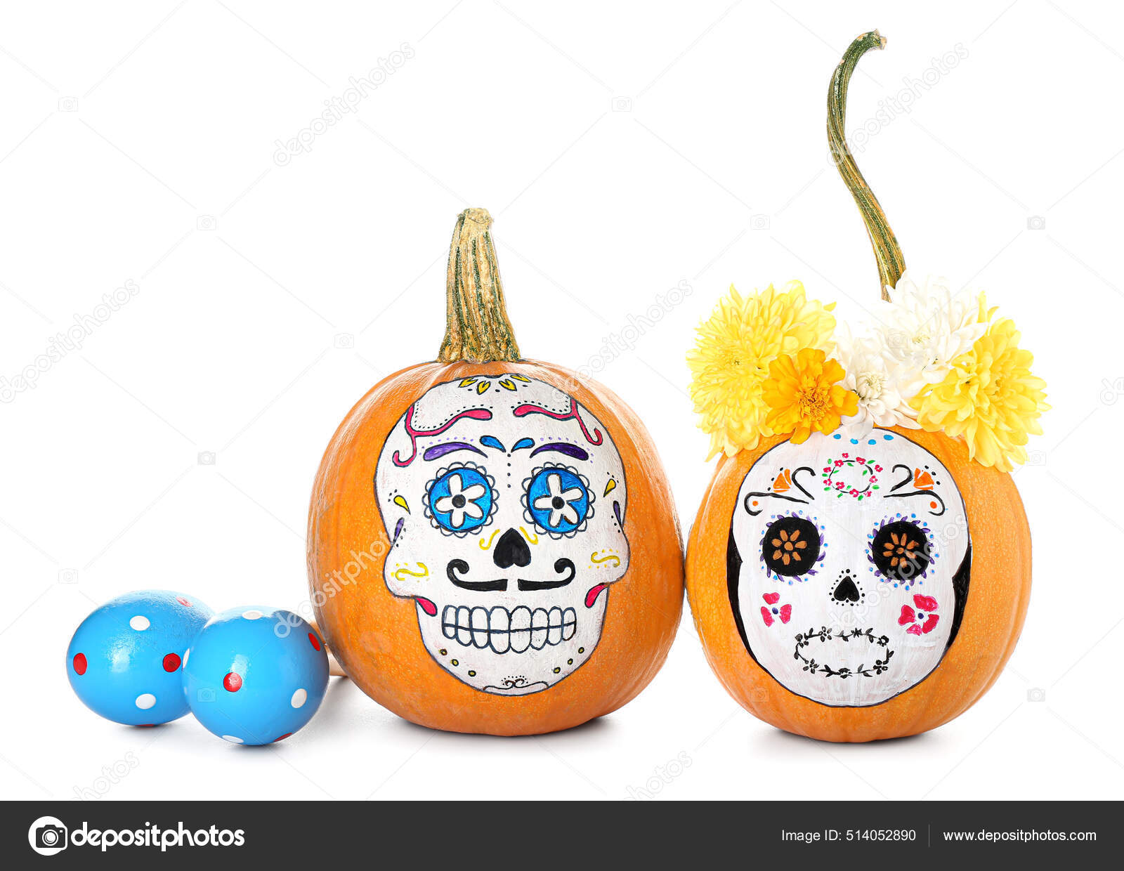 头盖骨涂成白色背景的南瓜墨西哥阵亡将士纪念日Dia Muertos ——图库图片© serezniy #514052890, image size:1600x1240