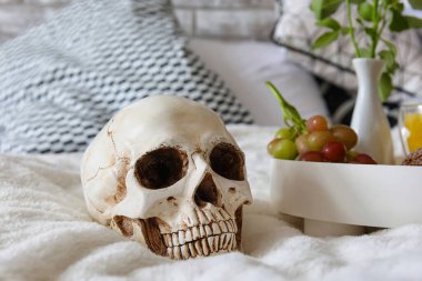 Kafatası ve tepsi ile yatakta kahvaltı