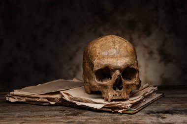 Human skull with book on table against dark background clipart