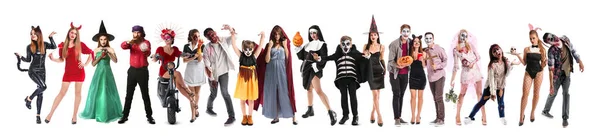Grupa Osób Ubranych Halloween Białym Tle — Zdjęcie stockowe