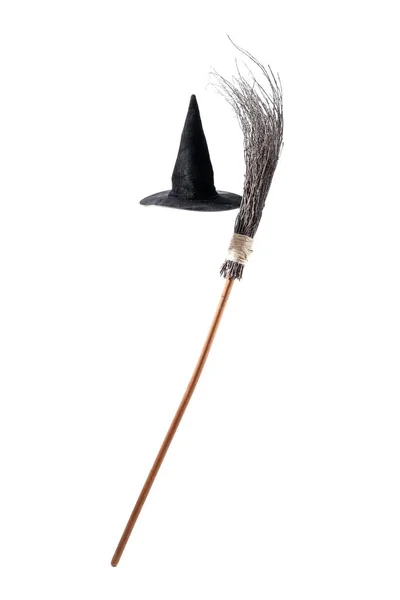 Witch Hat Broom Isolated White — Stock Photo, Image